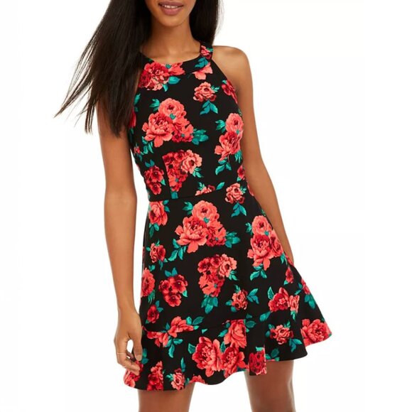 BCX Juniors Halter Floral Flounce Mini Dress 11 Fit & Flare Summer Garden Party - Picture 1 of 13